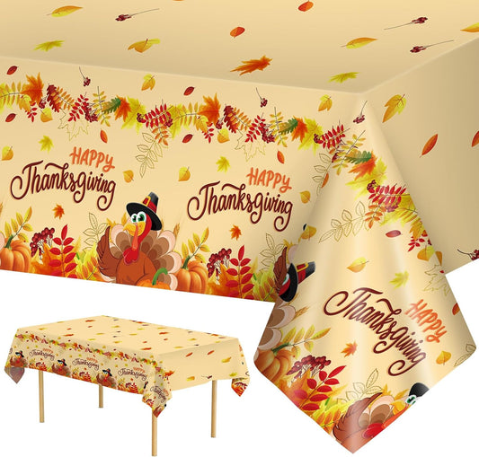 2 Pack Happy Thanksgiving Tablecloth - Fall Thanksgiving Turkey Table cloths, Disposable Plastic Rectangle Autumn Pumpkin Maple Leaf Table Cover for Thanks Giving Tables Decor Party Supplies,108x54In