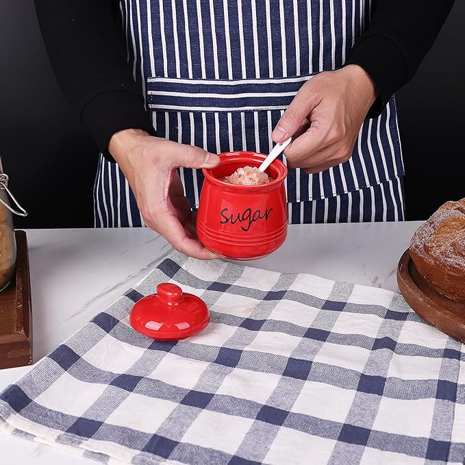 HAOTOP 12oz Sugar Bowl with Lid and Spoon,Ceramic Sugar Jar Sugar Dispenser Sugar Container Coffee Bar Accessories, Kitchen Countertop Canisters, Red