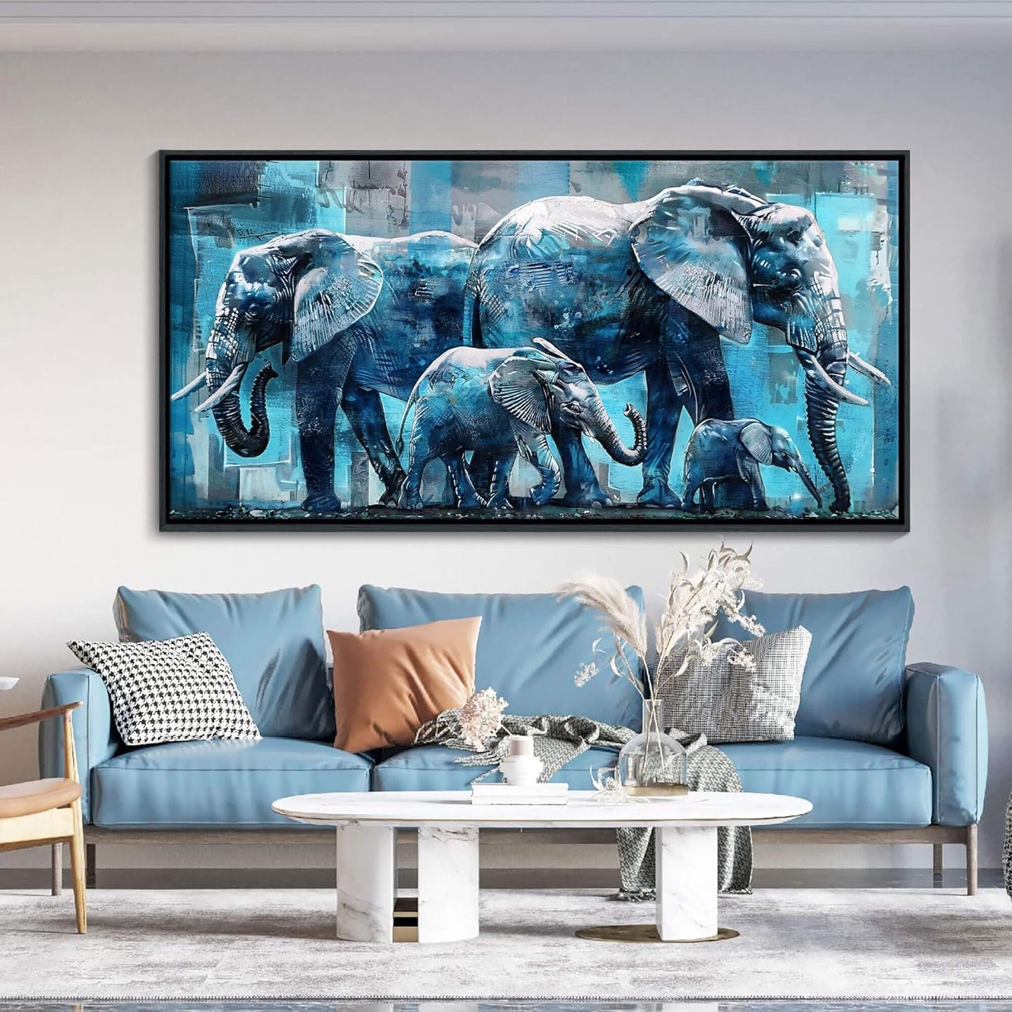 Elephant Canvas Wall Art - Framed Oil Painting Style with Black Wood Frame, Jungle Animal Decor for Living Room, Bedroom & Office 30x60 Inches - Ready to Hang