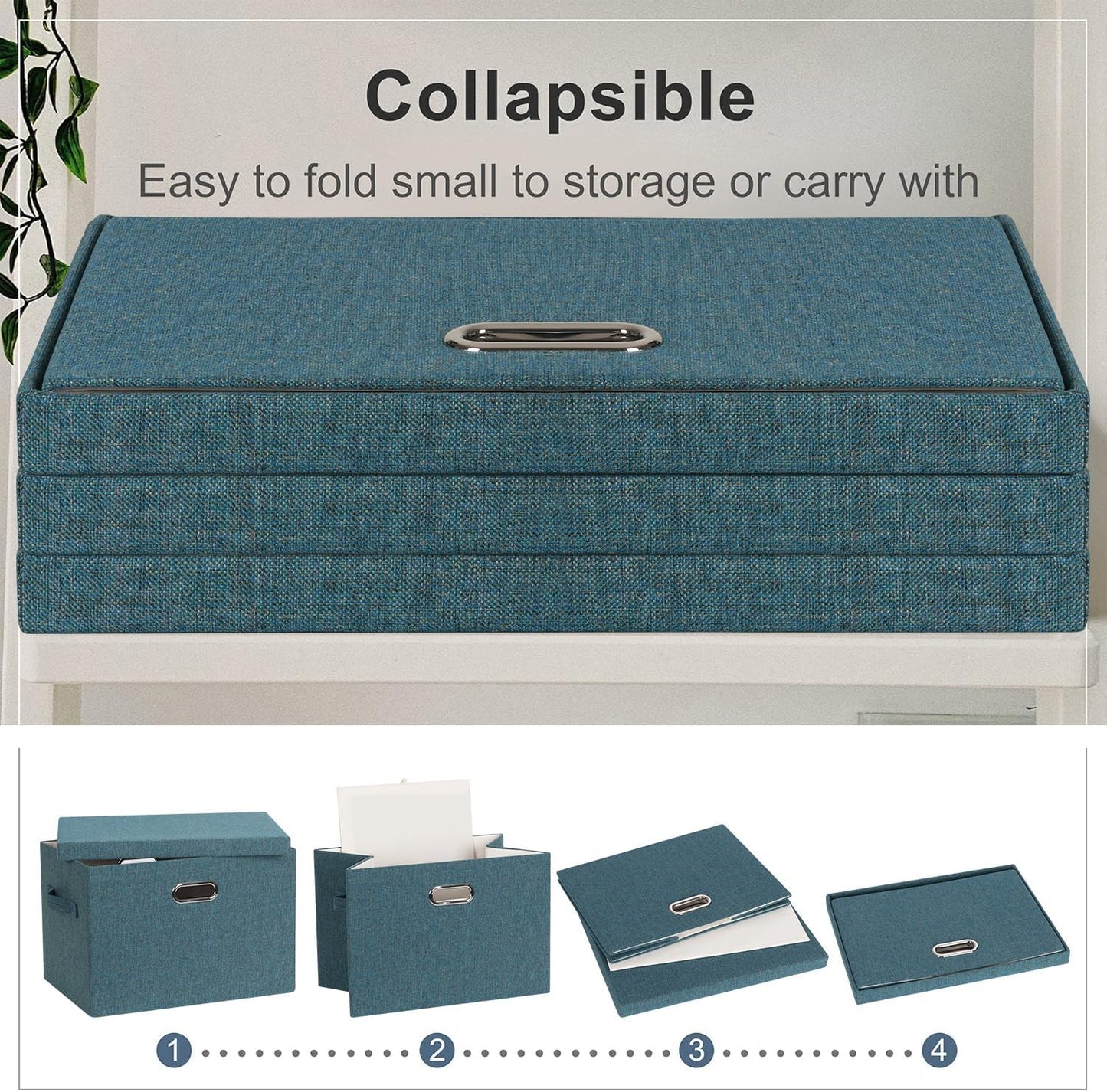 Large 17" 36 Quart Collapsible Stackable Storage Bins with Lids, 3 Packs Blue-Green Linen Fabric Closet Boxes with Lids, Storage Cube Baskets Container Organizers for Bedroom (17x12x11)