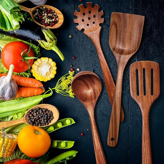 Wooden Spoons for Cooking 9 Pieces Set, Teak Wooden Kitchen Utensil Set, Wooden Cooking Utensils Spoons, Spatulas, Heat-Resistant, Lightweight & Durable, Perfect for Non-Stick Cookware