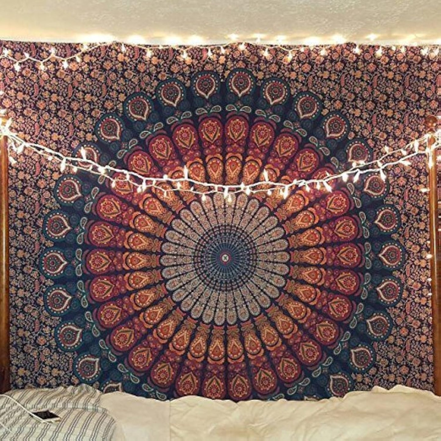 Bless International Handmade Indian hippie Bohemian Psychedelic Peacock Mandala Wall hanging College Dorm Beach Throws Table Cloth Bedding Tapestry (Golden Blue, Poster(30x40Inches)(76x101cms))
