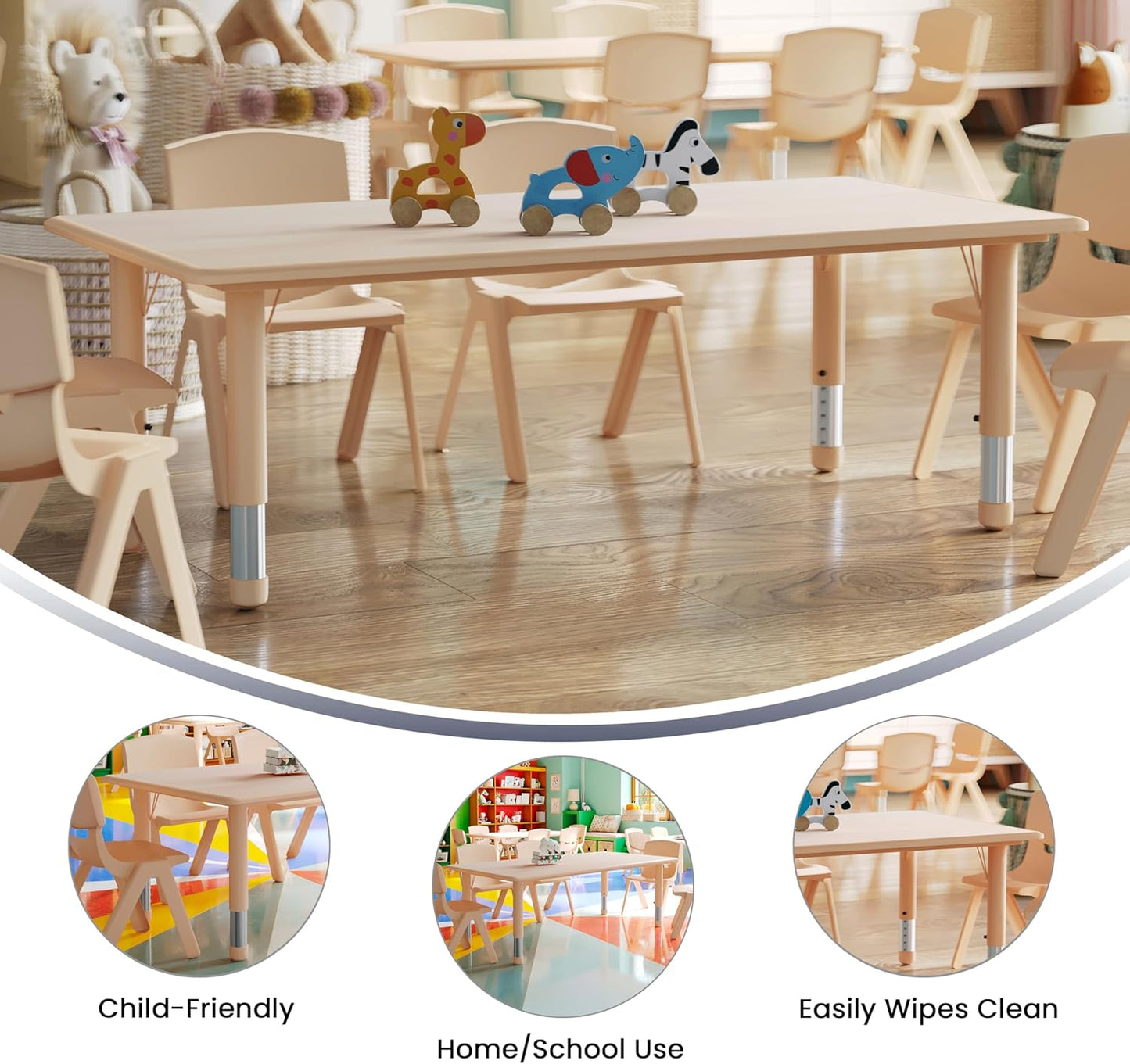 Flash Furniture Wren Adjustable Classroom Activity Table for School and Home, Plastic Activity Table for Kids, 23.625" W x 47.25" L, Natural