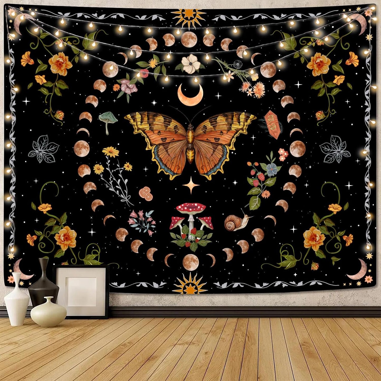 Aipon Orange Butterfly Moon Flower Tapestry Botanical Floral Plant Boho Tapestry for Bedroom Aesthetic Vintage Tapestries Wall Hanging for Living Room Dorm (36.00" x 48.00", Orange)