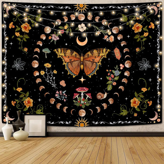 Aipon Orange Butterfly Moon Flower Tapestry Botanical Floral Plant Boho Tapestry for Bedroom Aesthetic Vintage Tapestries Wall Hanging for Living Room Dorm (36.00" x 48.00", Orange)