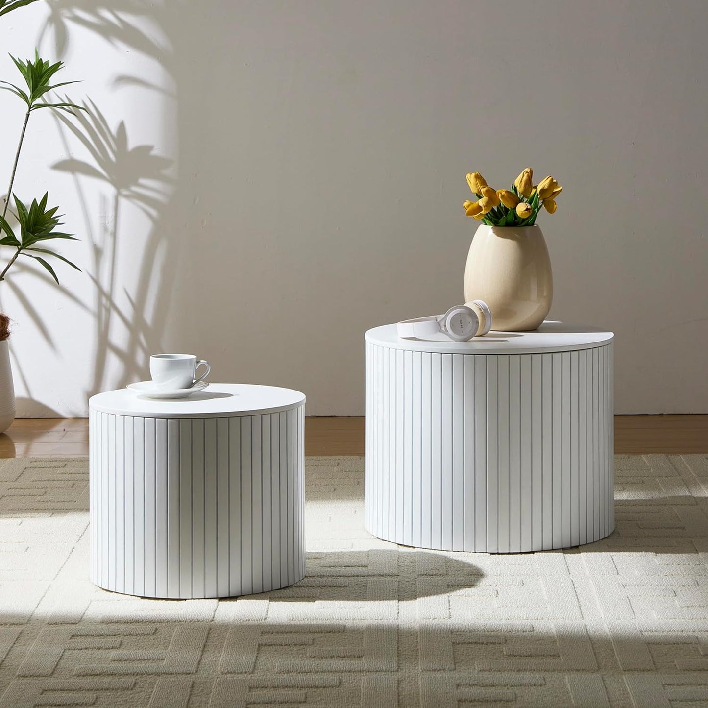 Round Coffee Table with Storage,19.17" Nesting Coffee Table Set of 2,Mid Century Modern End Table for Living Room,Side Table for Apartment,Office,Dorm(White)