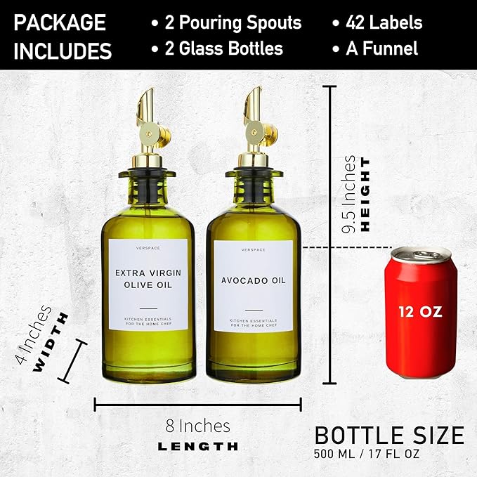 Green Glass Olive Oil Dispenser Bottle For Kitchen By Verpsace,Avocado Oil Dispenser Set, Modern Decor, Gold Kitchen Accessories for Home, Airbnb, Cafe (Gold, Set of 2)