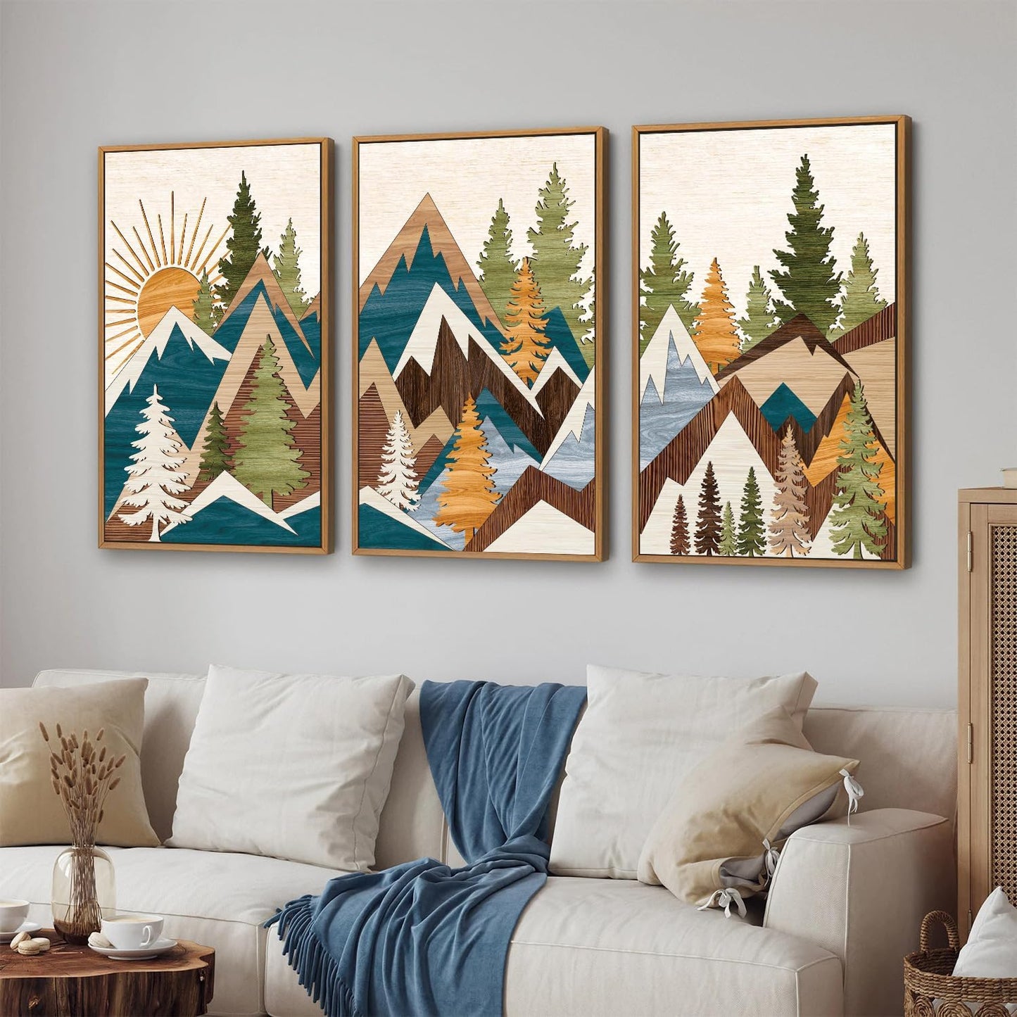 Tinonedraw Large Metal Mountain Framed Canvas Wall Art, Boho Rustic Sunrise Forest Wall Decor, 3 Piece Modern Nature Artwork, Vintage Wilderness Art Print for Living Room Bedroom Office 24"x36"x3