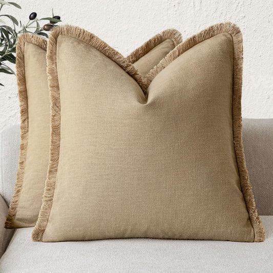 Foindtower Set of 2 Decorative Linen Fringe Throw Pillow Covers Farmhouse Cushion Cover with Tassels Soft Accent Pillowcase for Couch Chair Sofa Bed Living Room Home Decor,18×18 Inch,Light Khaki Taupe