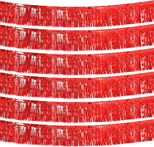 Red Foil Fringe Garland 10FT 6packs, Metallic Foil Tinsel Fringe Banners for Parade Float Decorations Wedding, Birthday Party Graduation (six Red)