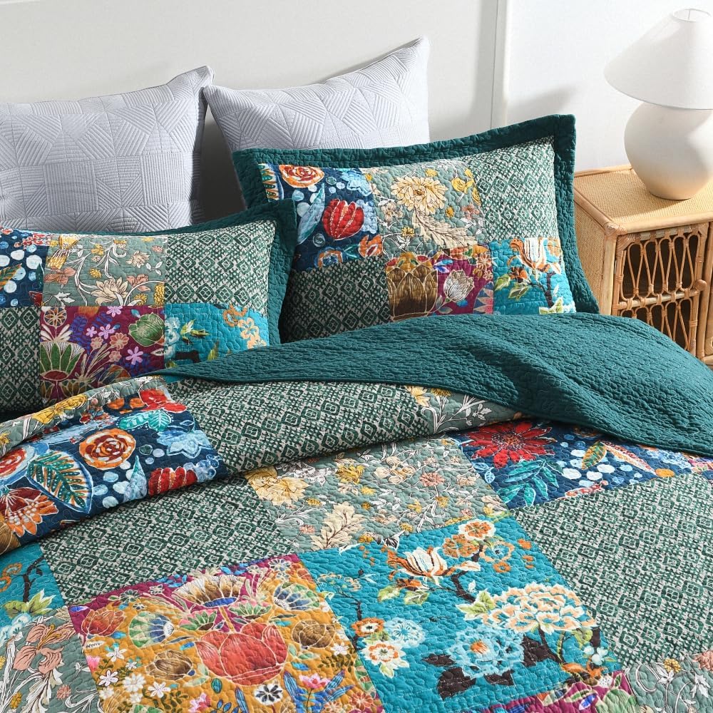 Autumn Dream Cotton Bedspread Quilt Sets Reversible Bedding Coverlet Sets Comforter, Vintage Floral Patchwork Turquoise Bedspread, Queen Size