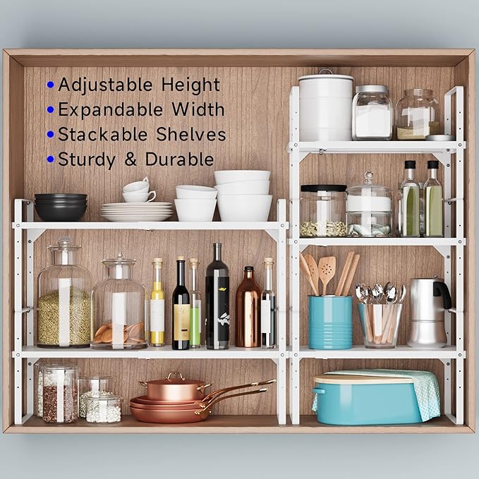 Expandable Cabinet Shelf Organizer, Stackable Kitchen Pantry Counter Storage, Adjustable Closet Cupboard Stand Rack Risers Spice Organization 80LBS Heavy Duty White Small 1 Pack