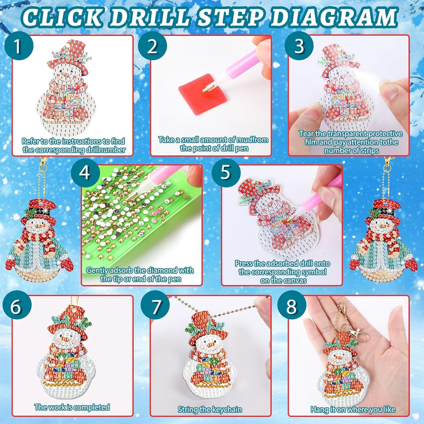 Tondiamo 20 Pcs Christmas Diamond Painting Keychain Kits 5D DIY Diamond Art Pendants Double Sided Hanging Key Chains for Christmas Party Decoration DIY (Snowman)