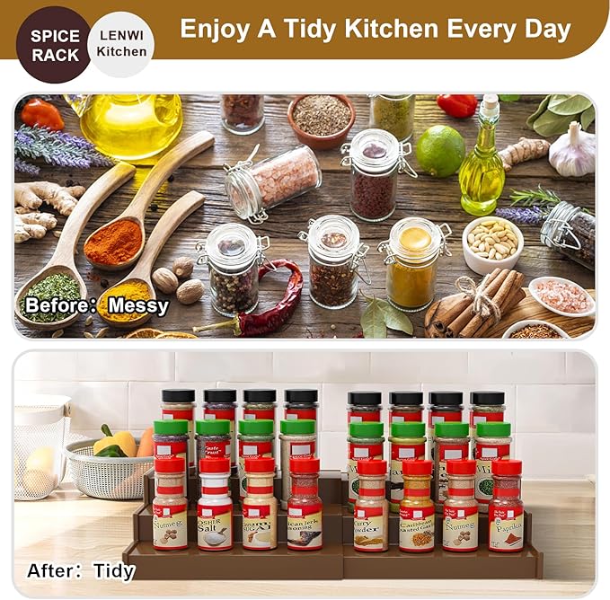 Spice Rack Organizer for Cabinet 2Pack, 3 Tier Expandable Bamboo Spice Storage, Great for Kitchen Cabinet, Cupboard,Pantry and More(Brown)