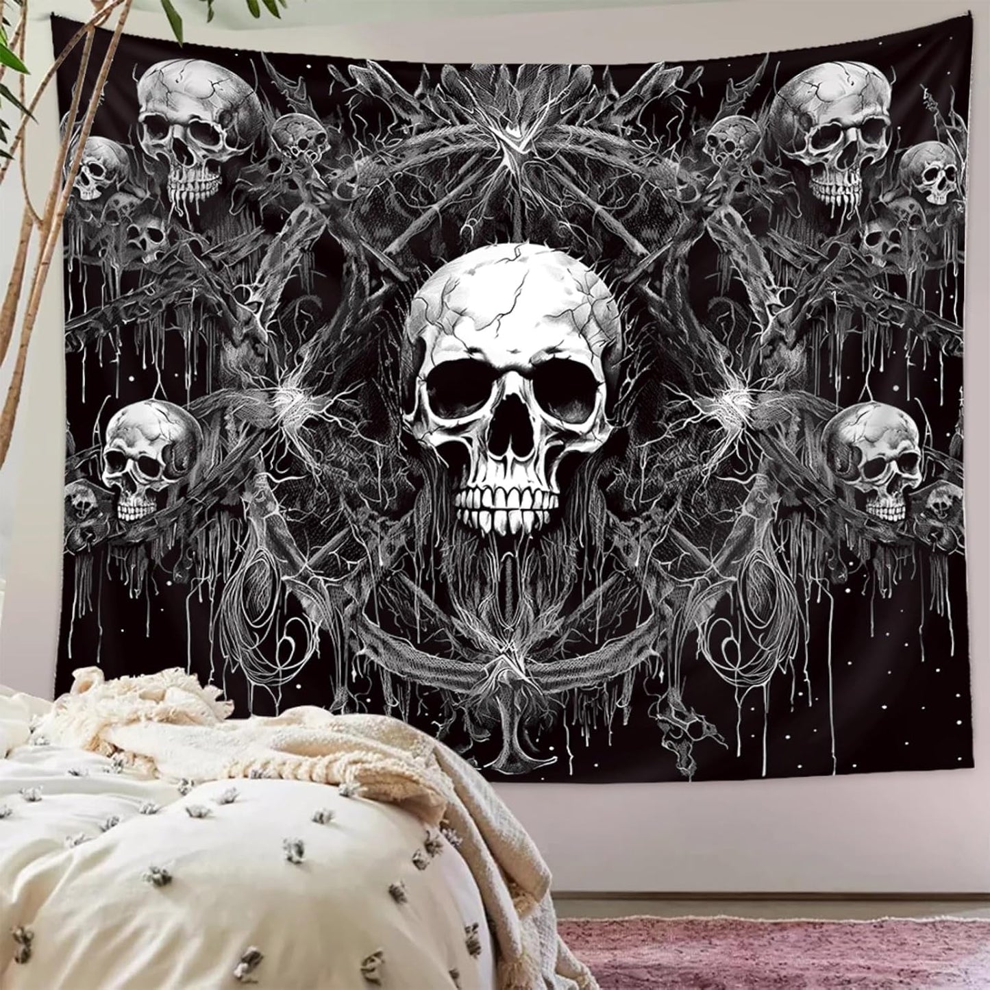 Tapzen Gothic Black and White Tapestry Wall Hanging - Dark Skeleton Horror Aesthetic for Bedroom, Living Room or Dorm (40 x 30 inches)