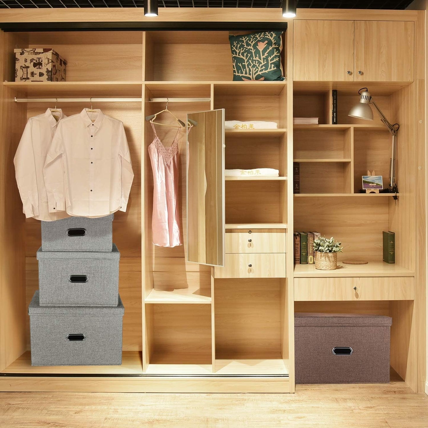 Linen Fabric Collapsible Storage Bins with Removable Lids and Handles, Washable Storage Box Containers Baskets Cube with Cover for Bedroom,Closet,Office,Living Room,Nursery (Grey, Medium)