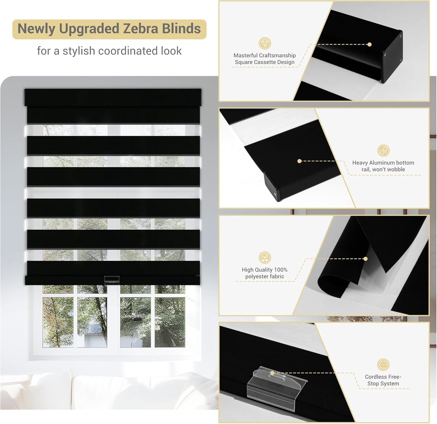 Cordless Zebra Blinds for Windows, Blackout Interior Blinds,Easy to Install,UV Protection,for Offices and Home,Custom Roller Shades, Solid Black, 42" W x 88" H