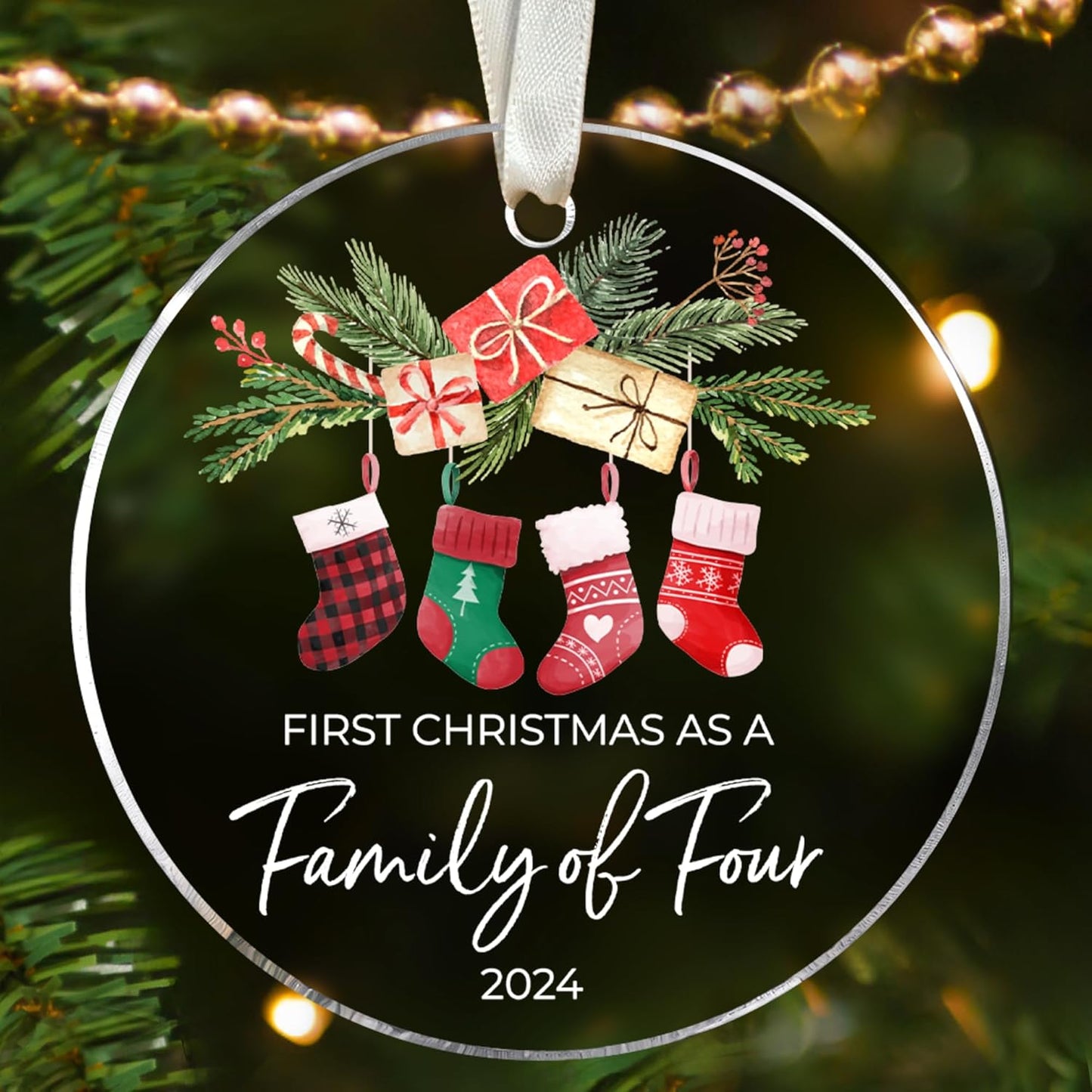 Family Christmas Ornaments 2024 - New Mom and Dad Gifts First Time 2024 - Our First Christmas as a Family of 4 Ornament - Acrylic Ornament 2024