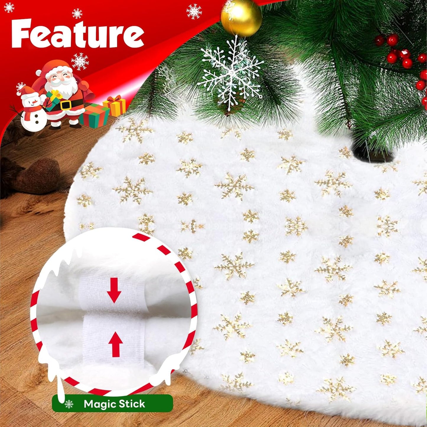 Christmas Tree Skirt 48Inch, Holiday Part Decorations for Christmas Tree, Whit Plush Glod Sequin Snowflake Tree Shirt for Xmas