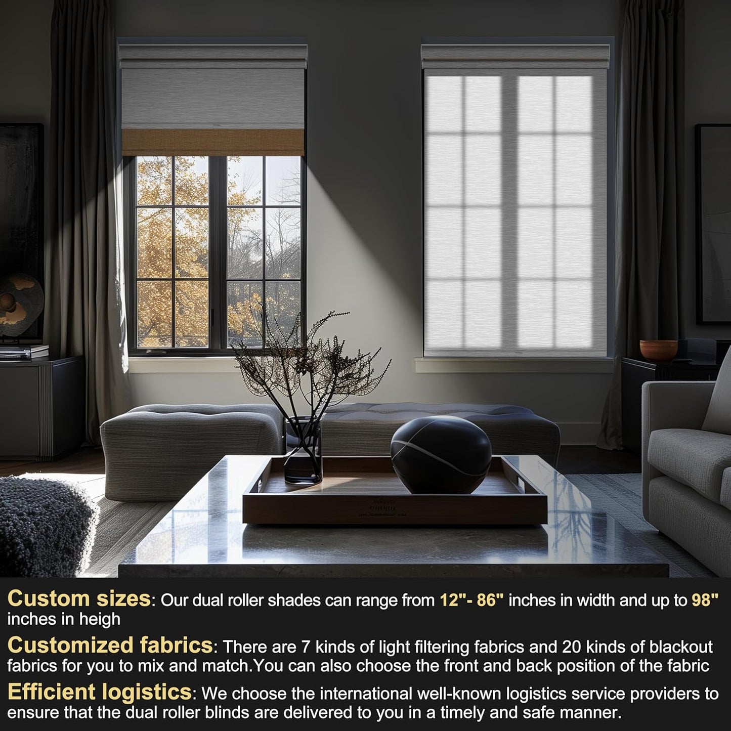 BERISSA Cordless Dual Roller Shades with Cassette Valance,Double Window Shades Blackout and Light Filtering Shades,Day and Night Roller Shades for Home Office Door.Linen Beige and White.78 W x 36" H