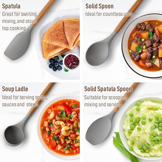 Zulay Kitchen Utensils Set Non-Stick Silicone Cooking Utensils Set with Authentic Acacia Wood Handles - 8 Piece Set - Silicone Kitchen Utensils Set with 464°F Heat Resistance - Gray