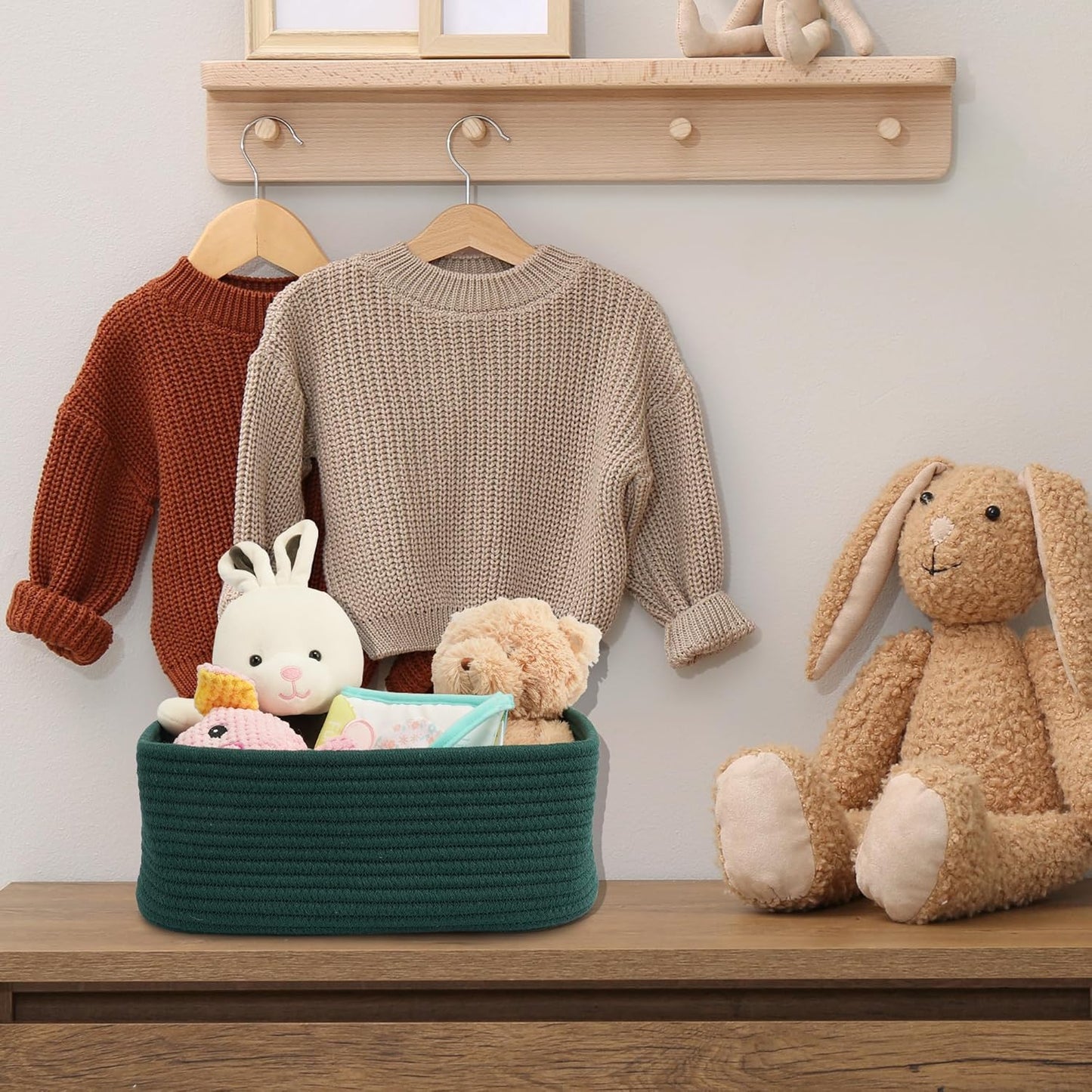 Small Woven Storage Baskets 12“X8”X5“ Decorative Rope Bins for Organizing Shelves, Closets, and Toys, Empty Gift Baskets, Cute Organizer Basket for Home and Office (dark green, regular)