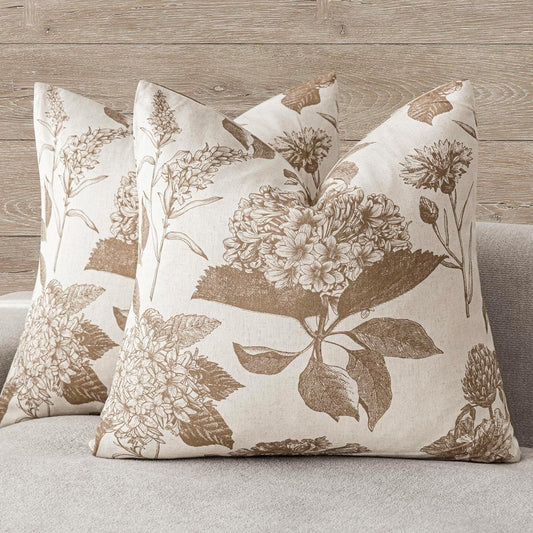 Foindtower Set of 2 Linen Floral Throw Pillow Covers Neutral Vintage Print Decorative Cushion Covers Farmhouse Boho Home Decor for Sofa Chair Couch Bedroom Living Room Outdoor,22×22 Inch,Light Brown