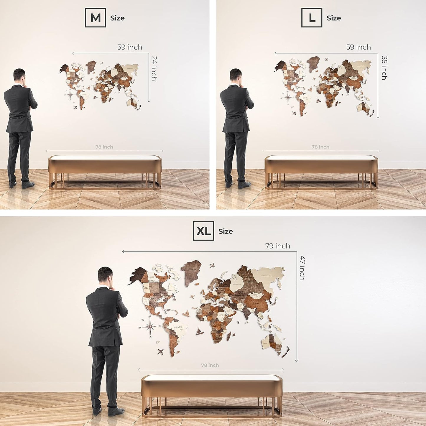 Handmade 3D Wood World Map Wall Art Large Wall Decor Track Your World Travels - Special For Home, Kitchen And Office (Medium, Urban)