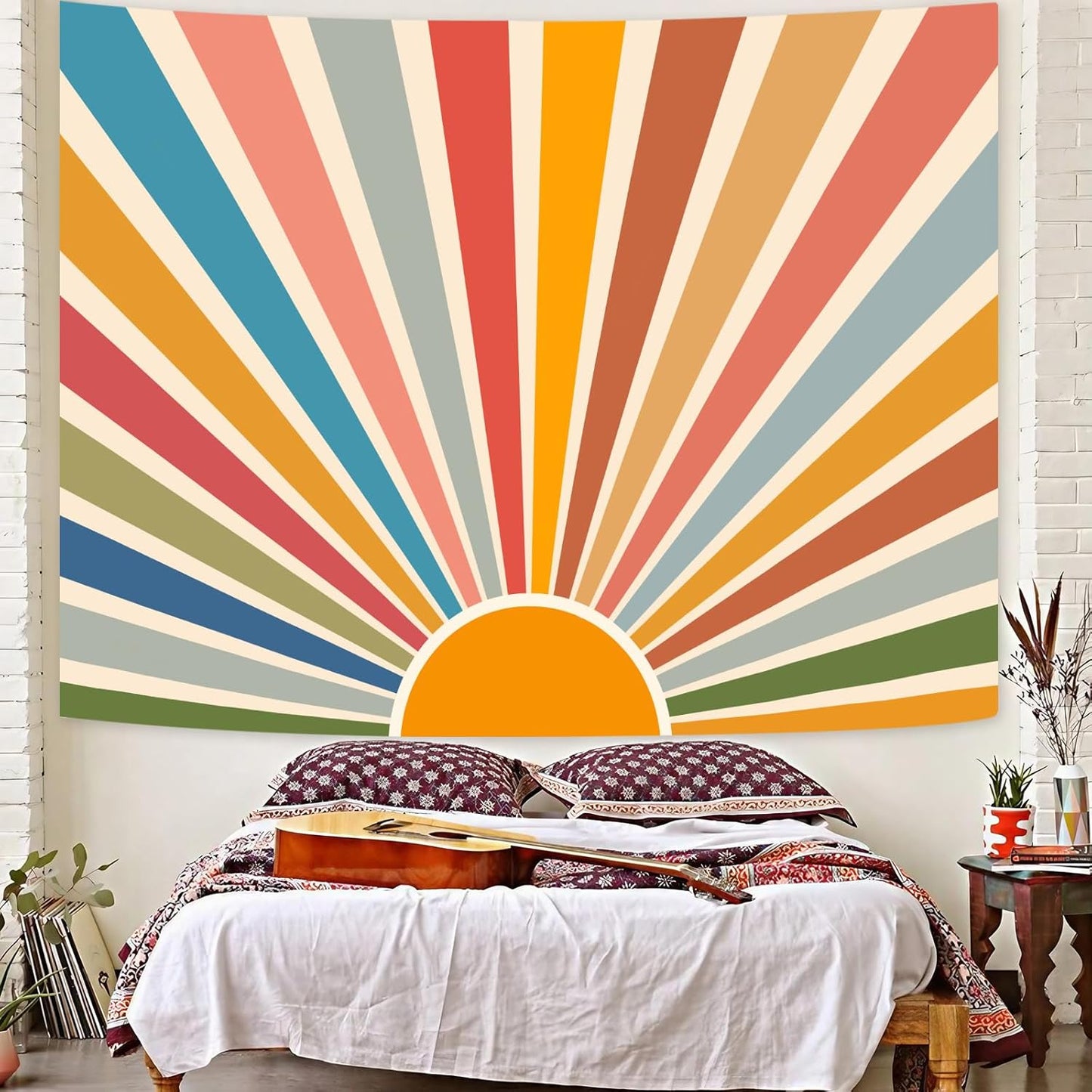 Kanuyee Boho Burning Sun Tapestry Wall Hanging, Retro 70s Abstract Vintage Geometric Rainbow Sunrise Tapestries for Bedroom Living Room Backdrop 44×60 inch