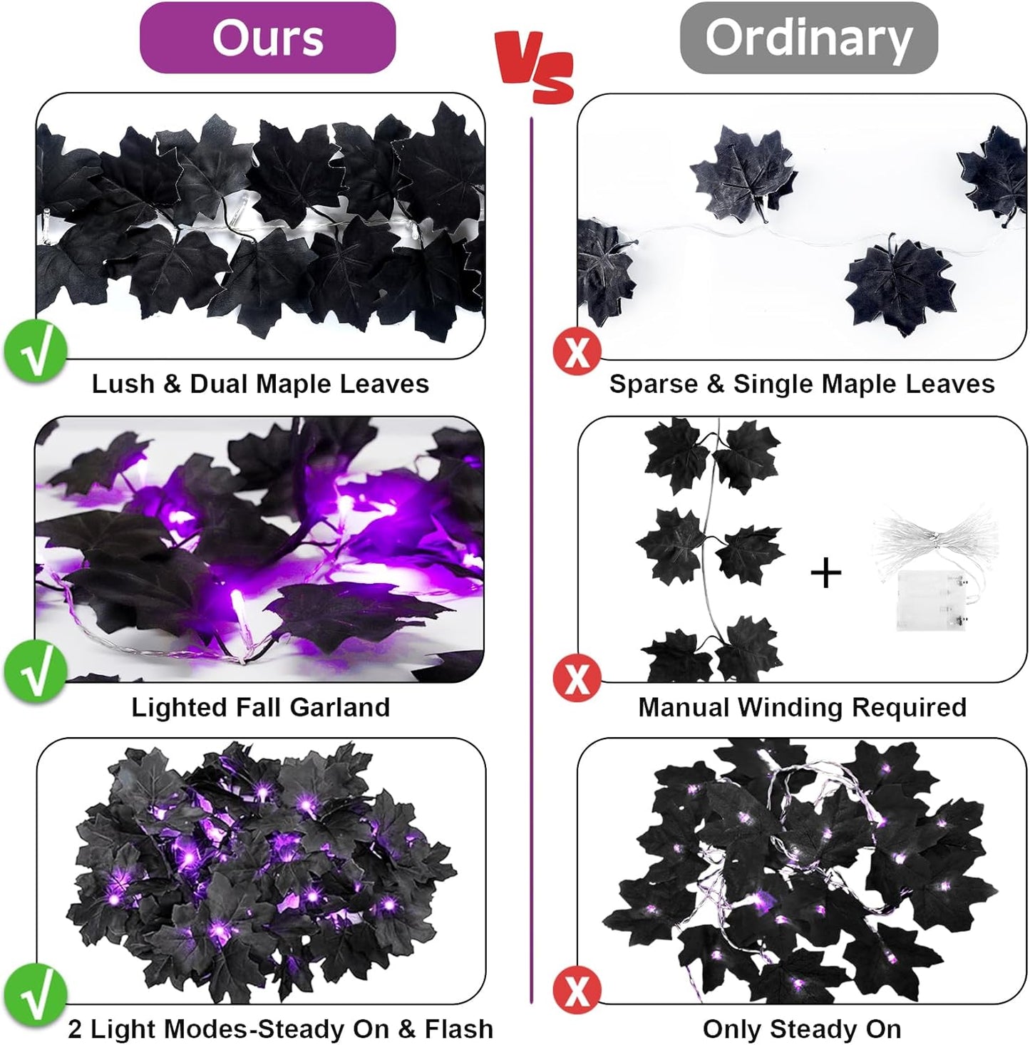 Ouddy Decor 2 Pack Lighted Black Garland Decorations, Total 20 Ft 60 Led Fall Lights Maple Leaves Battery Operated for Indoor Outdoor Thanksgiving Front Door Decor, Purple