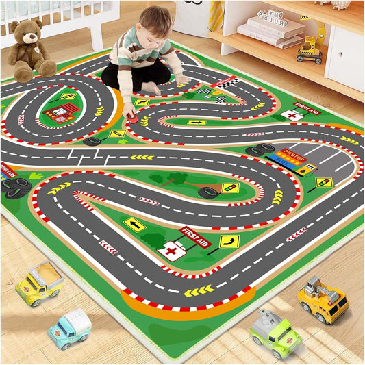 Kids Rug Play mat Playroom Rugs Car Rugs for Kids Toy Cars Race Track for Classroom Rug (Race-Green, 3.3x4.9ft)