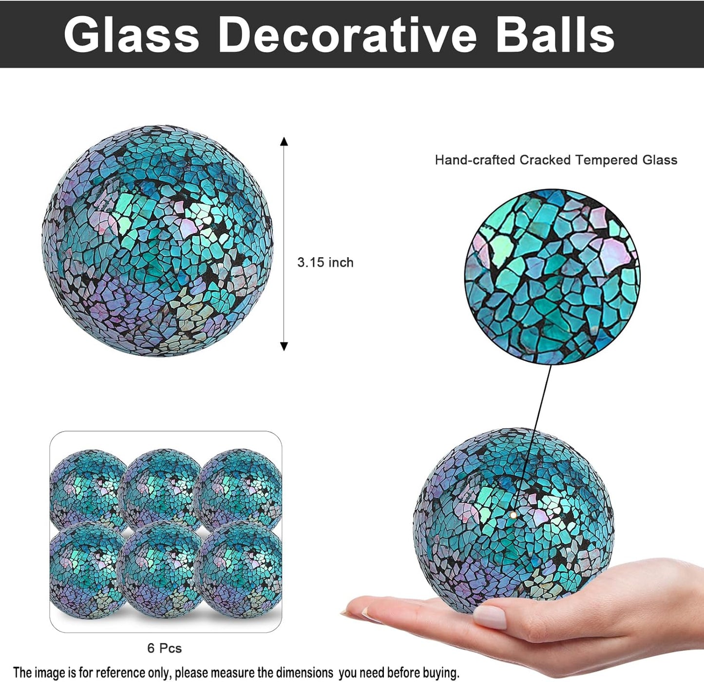 6Pcs Decorative Ball for Bowls, 8cm/3.15inch Mosaic Glass Centerpiece Decoration Balls Mirror Glass Ball Fillers for Home Decor Dining Tables Wedding Party (Dazzle Blue)