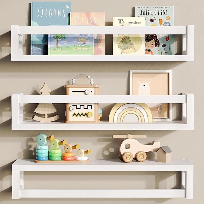 Upgraded Thick Floating Shelves - Multi-Use Wall-Mounted Bookshelves for Kids and Nursery, Ideal for Books, Toys, Spice Rack, Decor - White