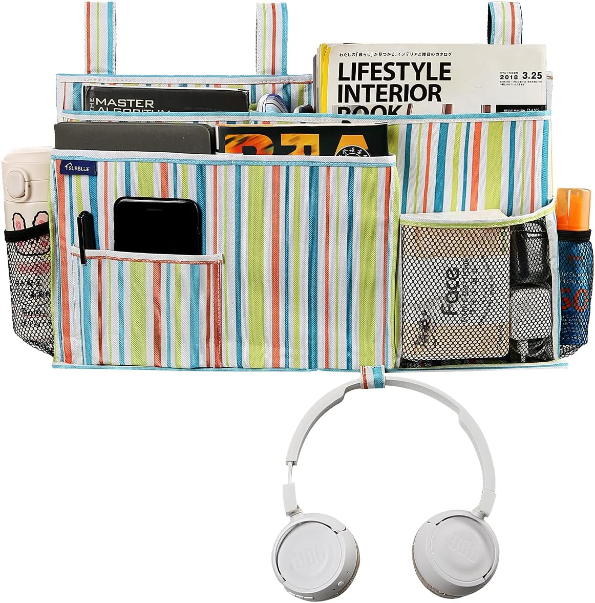 Surblue Bedside Caddy Hanging Bed Organizer Storage Bag Pocket for Bunk and Hospital Beds, College Dorm Rooms Baby Bed Rails, Camp 8 Pockets, (Large, Green Stripe)