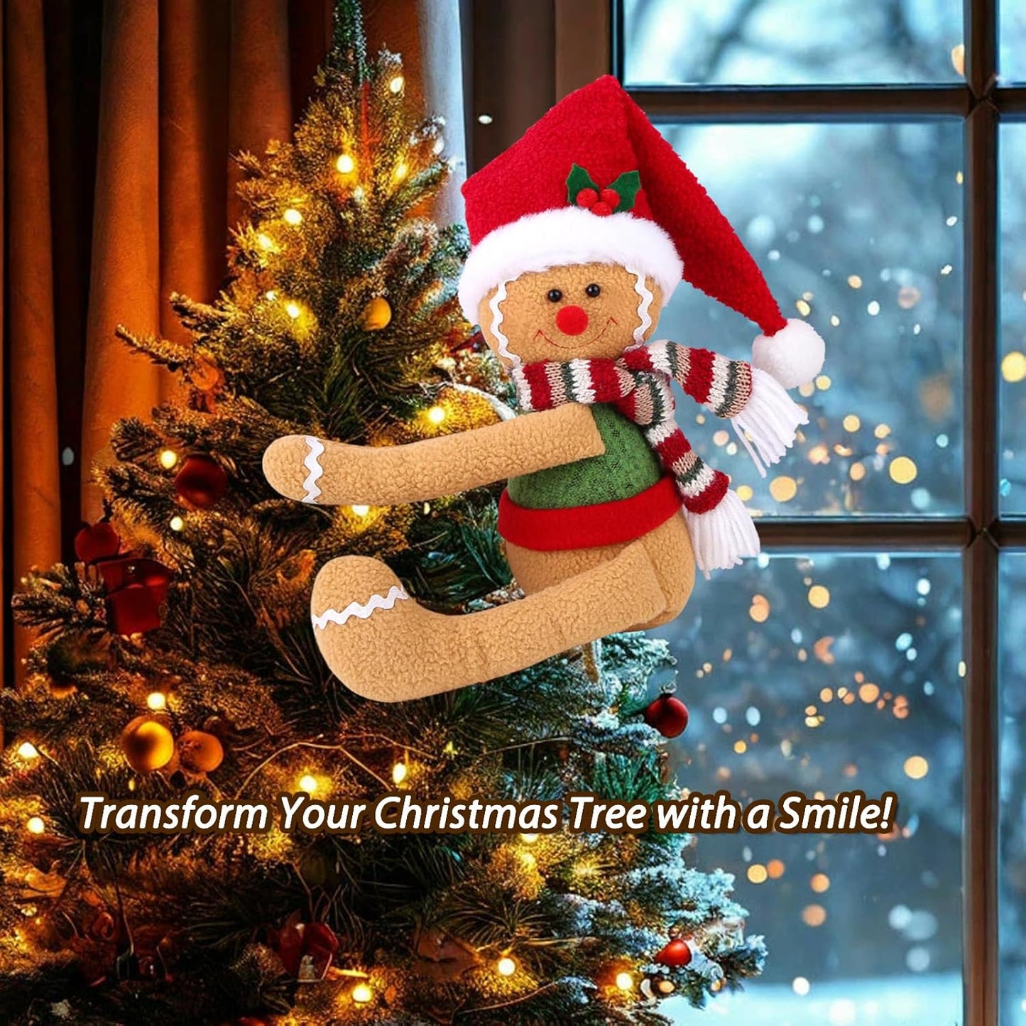 Gingerbread Man Christmas Tree Topper Decorations, Unique Funny Tree Topper Xmas Plush Stuffed Santa Hat Gingerbread Hugger Decor for Christmas Tree Wine Bottle Curtain Ornaments Holiday Home Decor