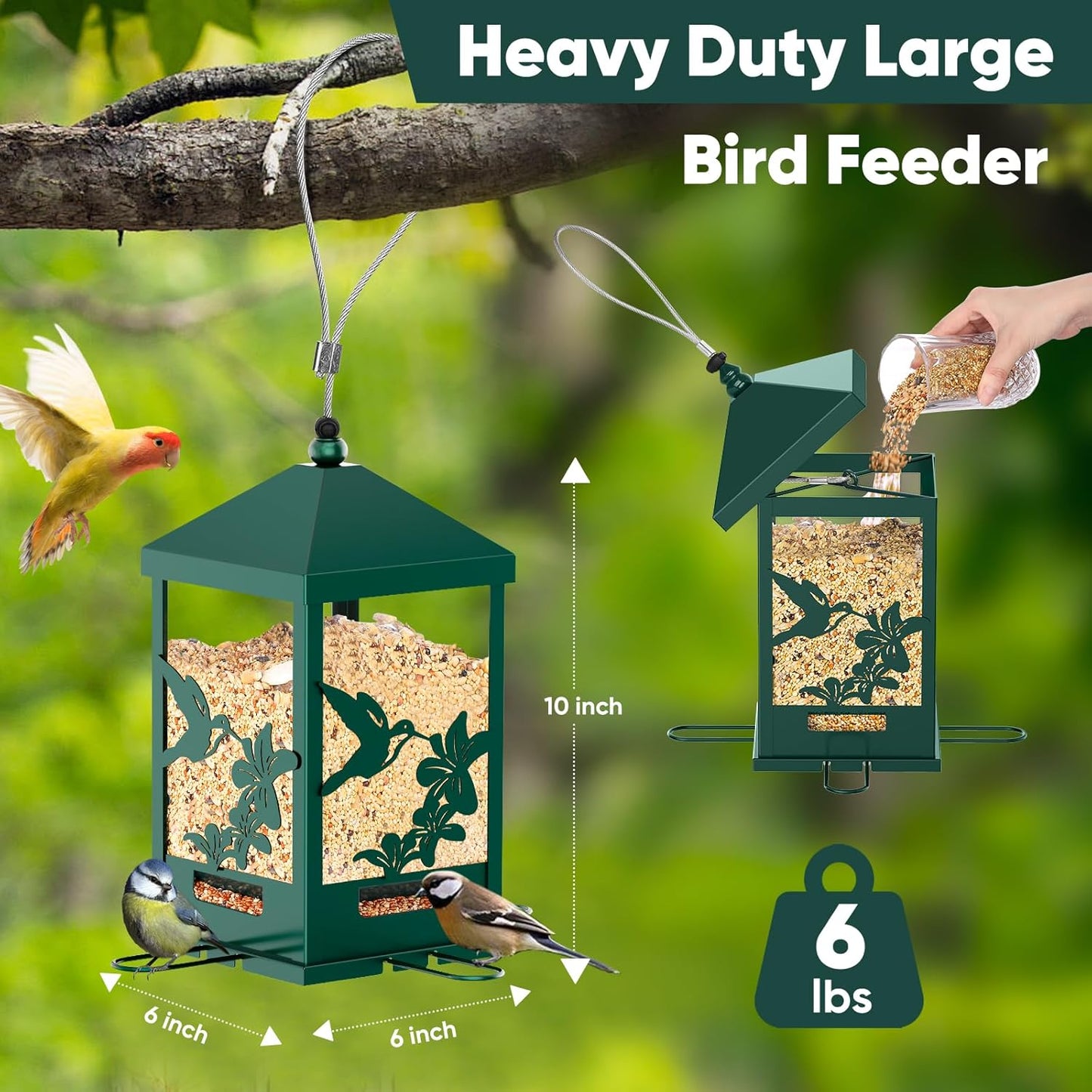 Squirrel Proof Bird Feeders for Outdoors, 6LBS Extra Large Capacity Hanging Metal Bird Feeder with Weight-Activated Perches, Wild Bird Feeders for Outside Finch, Cardinal, Blue Jay