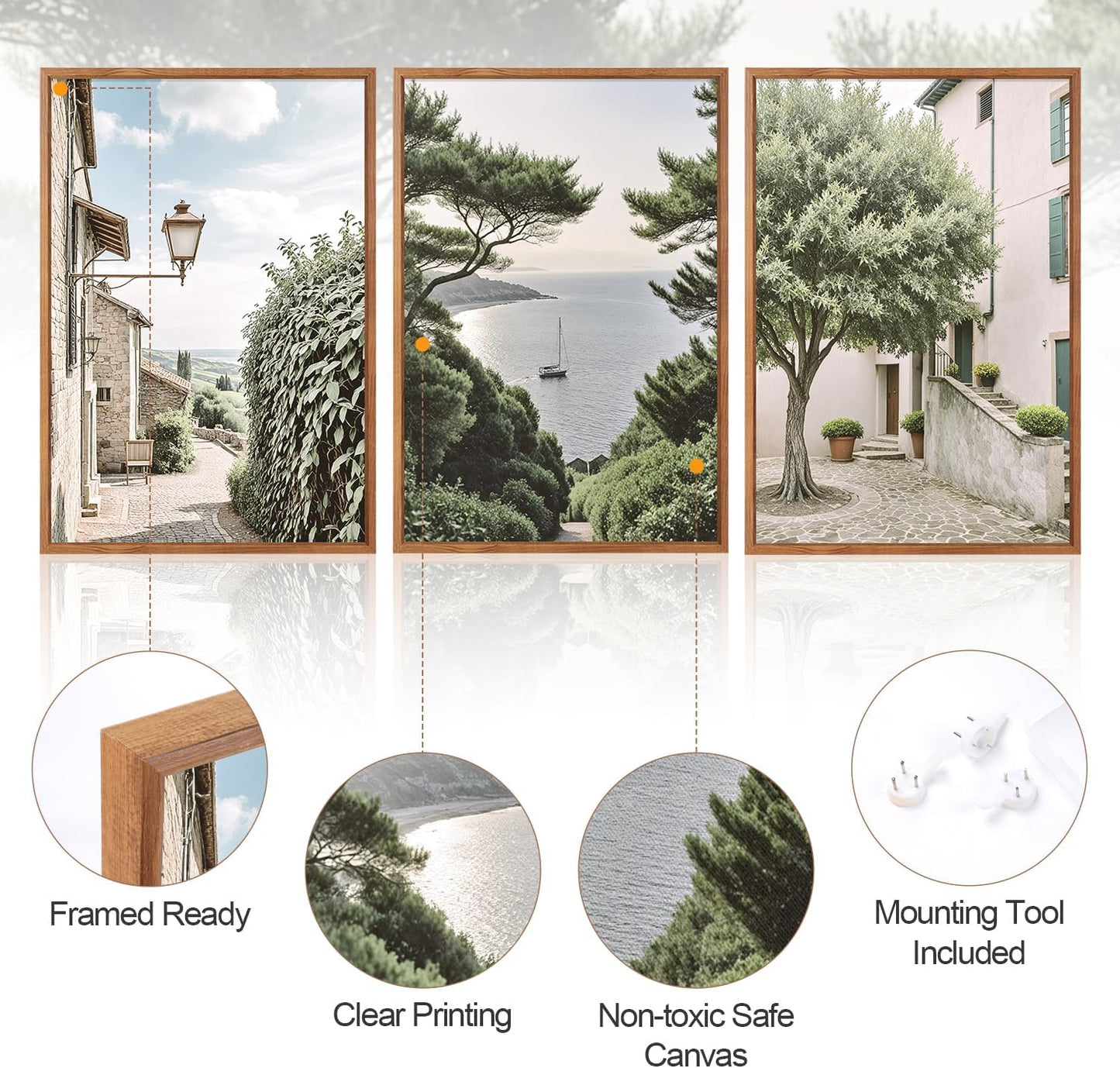 Aurlan Neutral Italy Cityscape Gallery Framed Wall Art(16"x24"), 3PCS Vintage Mediterranean Countryside Landscape Canvas Artwork, Large Town Coast Streets Travel Decor Prints for Office Home