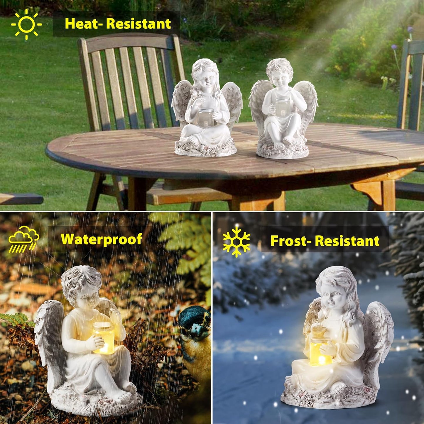 2 Pack Outdoor Angel Statue Garden Decor, Classic Solar Angel Figurine Decoration for Yard Art Indoor Porch Home Lawn Outside Light up Cherub Sculpture Guardian Wings Memorial Gifts