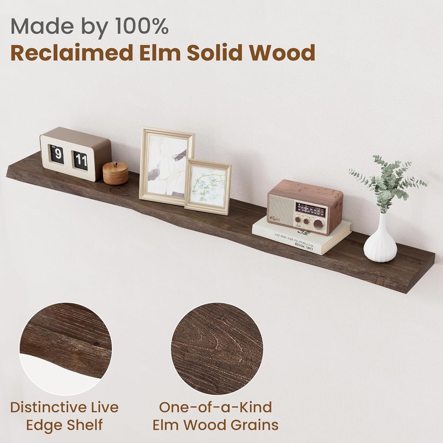 Floating Shelves for Wall Decor, Rustic Solid Elm Wood Floating Shelves Wall Mounted, Wall Shelves with Invisible Bracket for Living Room Bathroom Bedroom Kitchen, 55 Inch, Walnut