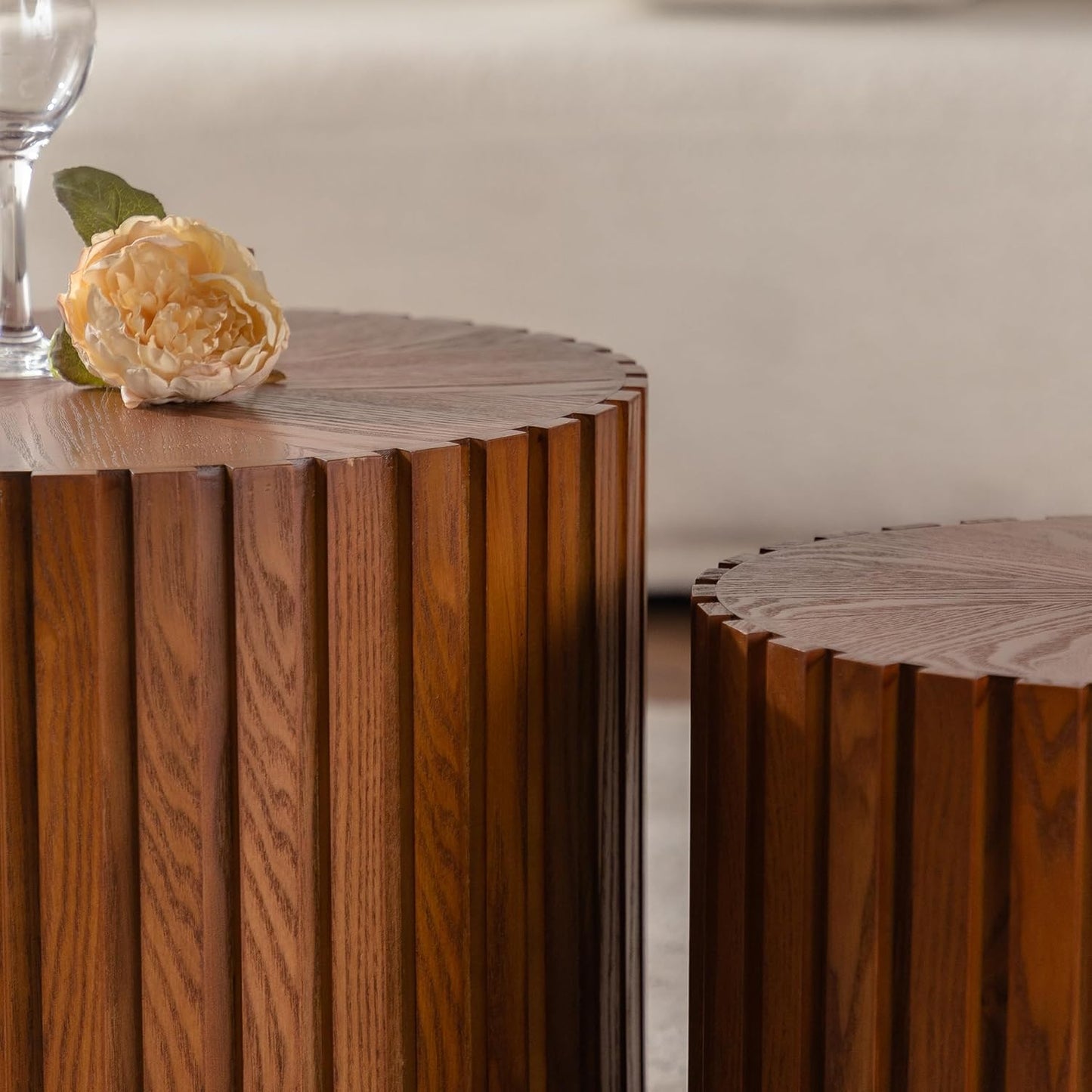 Nesting Round Coffee Table Set of 2, 18.9" Small Circle Accent End Table for Small Spaces, Morden Drum Side Table, Wooden Center Table for Living Room, Fully Assembled - Dark Walnut