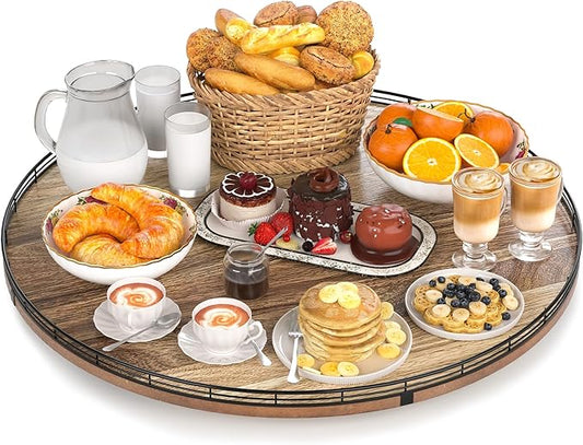 Acacia Wood 24" Lazy Susan Turntable Organizer for Table Top, Farmhouse Extra Large Round Lazy Susan for Serving Kitchen Countertop Cabinet for Charcuterie Centerpiece, Bathroom Vanity Tray Decor