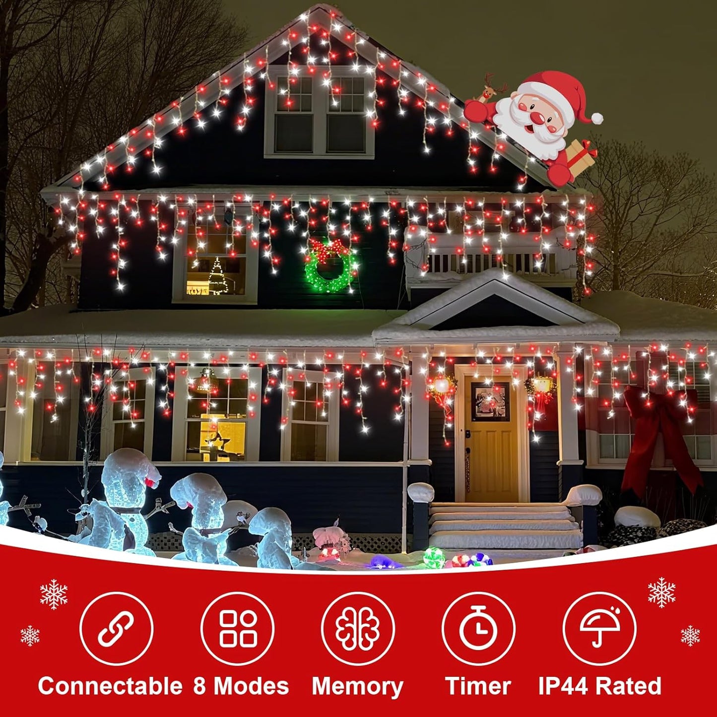 800 LED Icicle Lights Red and White