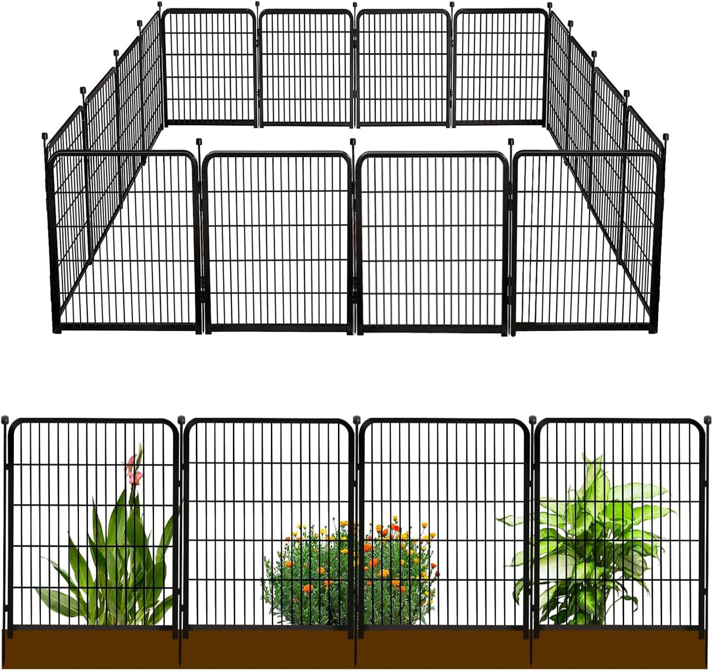 Doorless 56in(H) Black Metal Garden Fences and Borders, 10 Panels Total 22.1 Ft(L), Garden Fence for Dogs, Animal Barrier Fence, Fencing for Flower Beds, Dog Digging Fence Barrier