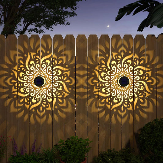 4 Pack Solar Fence Lights Metal Solar Powered Outdoor Wall Deck Step Lights Mandala Theme Waterproof Fence Light for Garden Post Patio Backyard Decor (4 Pack)