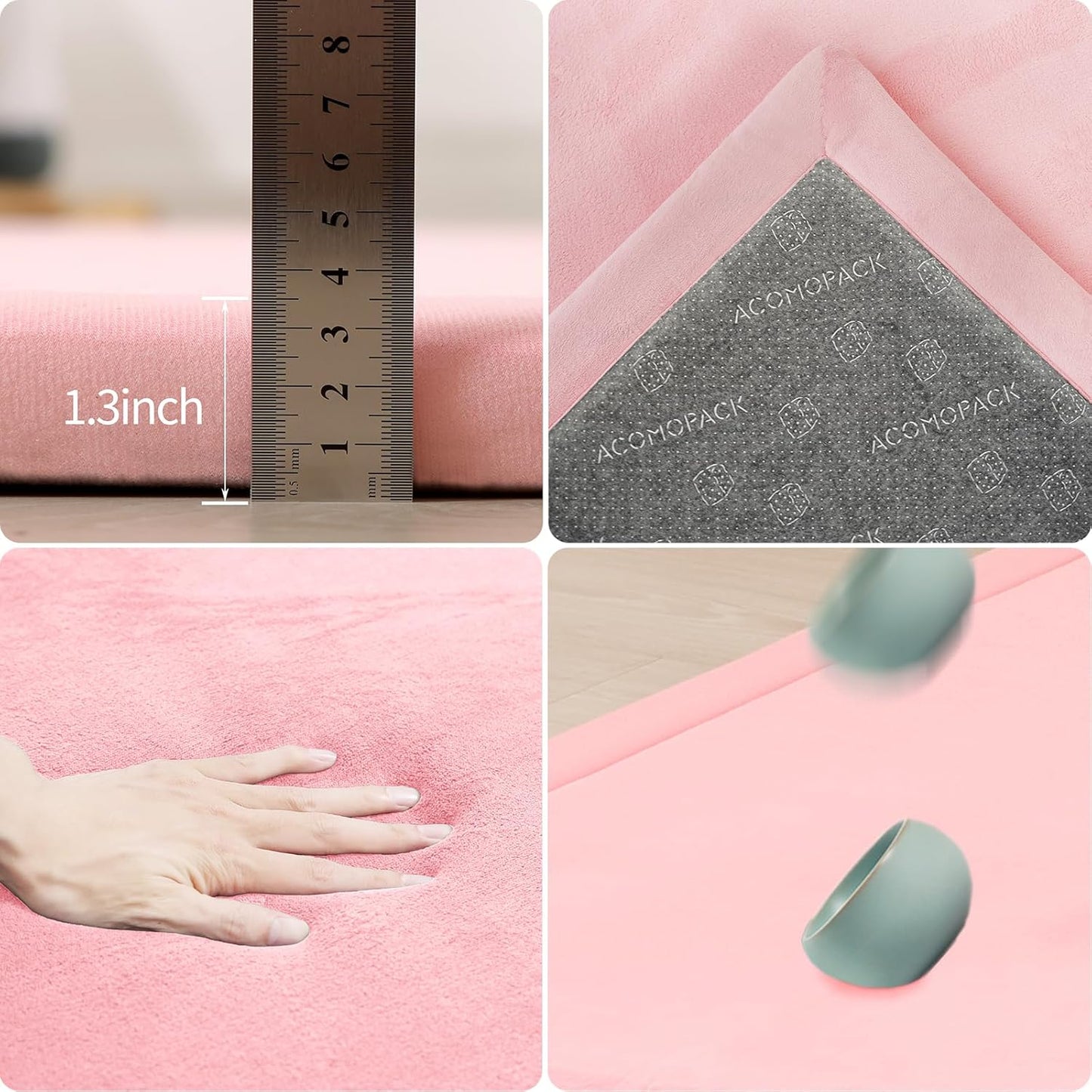 ACOMOPACK Baby Play Mat for Floor 1.3" Thick Memory Foam Play Mat 59"×71" Tummy Time Crawling with Non-Slip Bottom for Living Room,Nursery,Soft Velvet Playpen Mats for Kids,Infants（Pink）