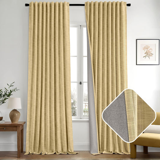 MIULEE Yellow 100% Blackout Linen Curtains 120 Inch 2 Panels Set Double Sided No Coating Pinch Pleated Back Tab Black out 10 FT Extra Long Thermal Insulated Bedroom Living Room Darkening Window Drapes