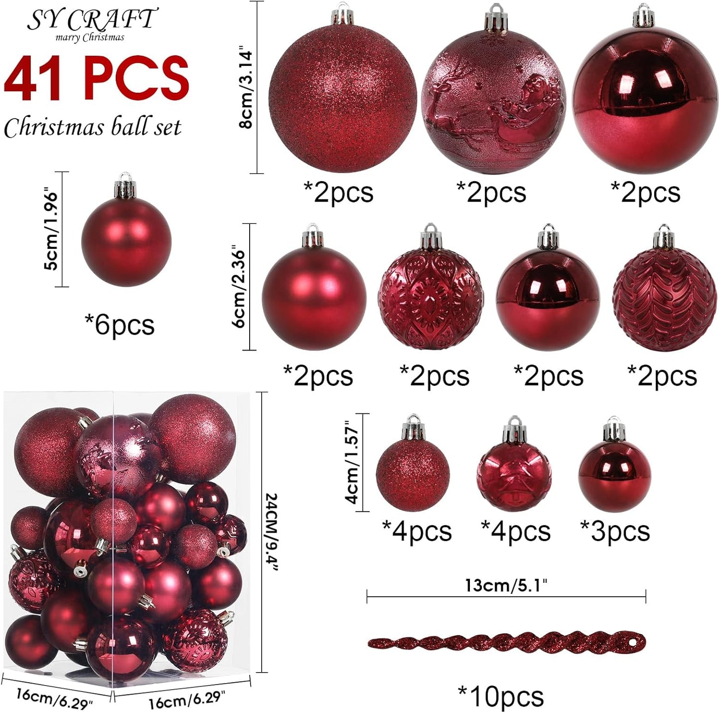Christmas Ball Ornaments for Christmas Decorations - 41 Pieces Xmas Tree Shatterproof Ornaments with Hanging Loop for Holiday and Party Decoration (Wine Red)