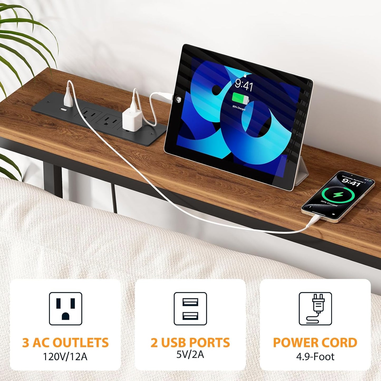 Narrow Sofa Table with 2 Power Outlets, 71” Thin Console Tables Narrow Long, Behind Couch Table Skinny, Wood Console Tables for Entryway, Living Room, Hallway, Foyer, Rustic Brown