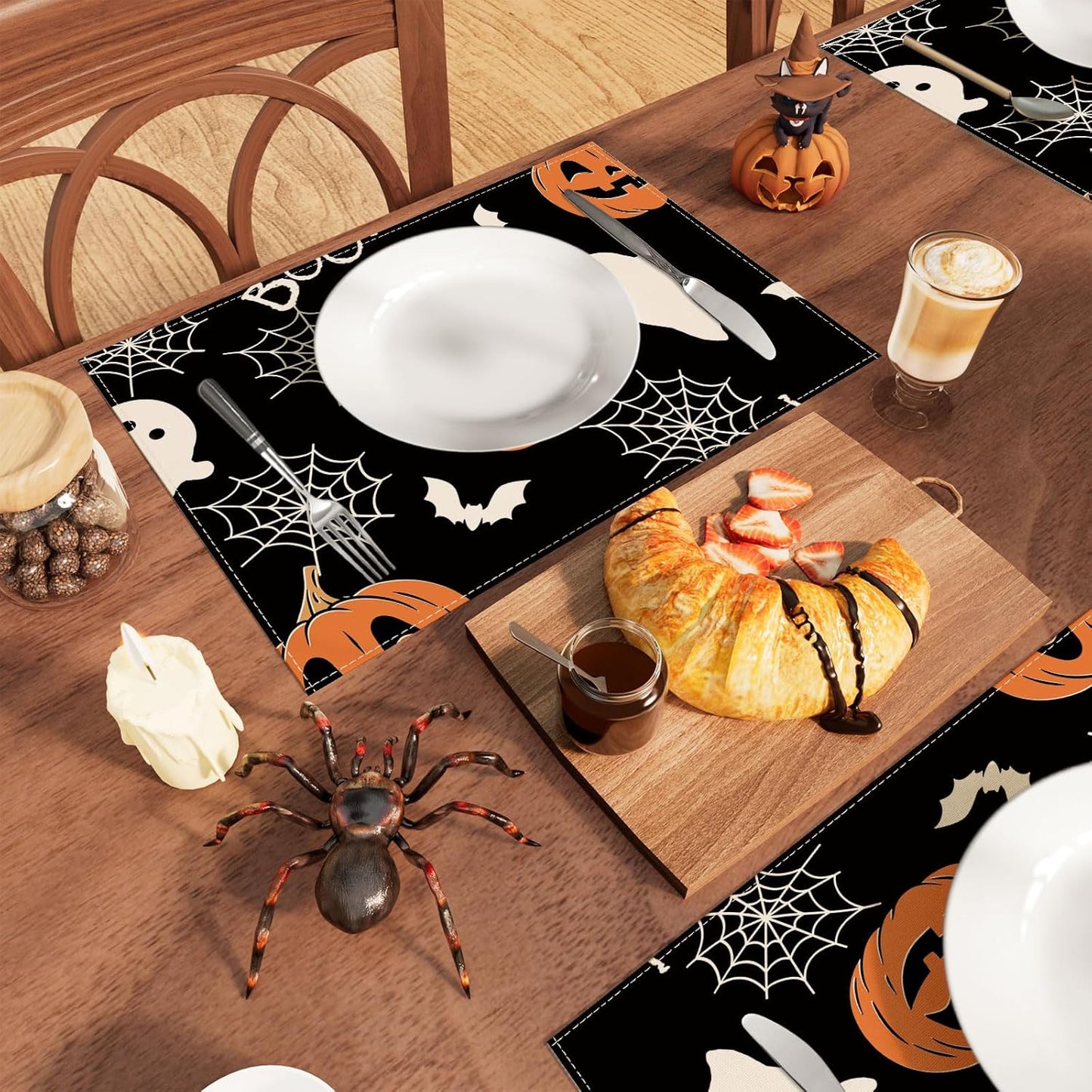 XCHI BOO Spooky Ghost Pumpkin Halloween Cloth Placemats Set of 8 Table Mats Table Decorations 12x18 Inch