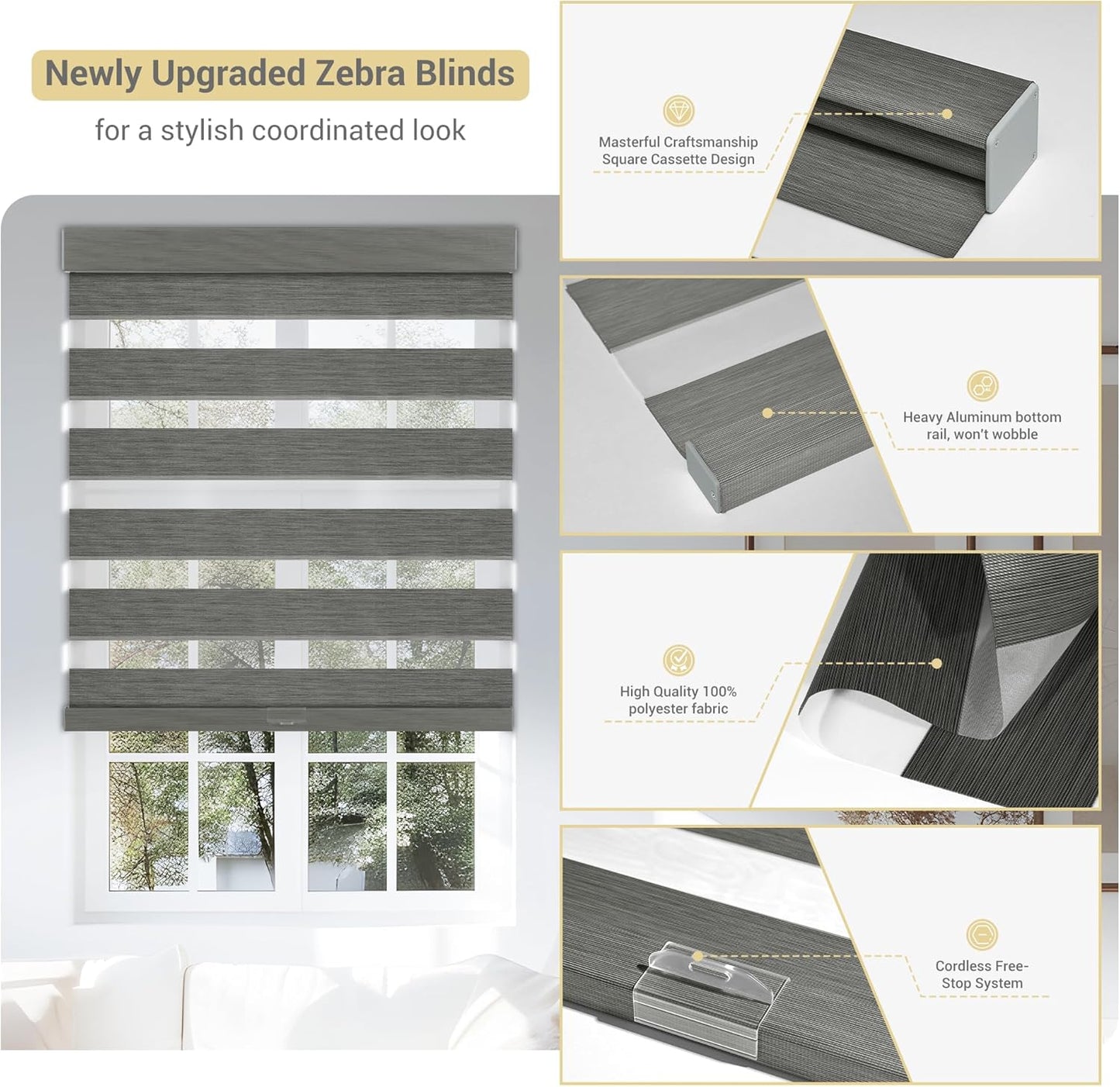 Cordless Zebra Blinds for Windows, Blackout Interior Blinds,Easy to Install,UV Protection,for Offices and Home,Custom Roller Shades, Mousse Grey,77" W x 64" H